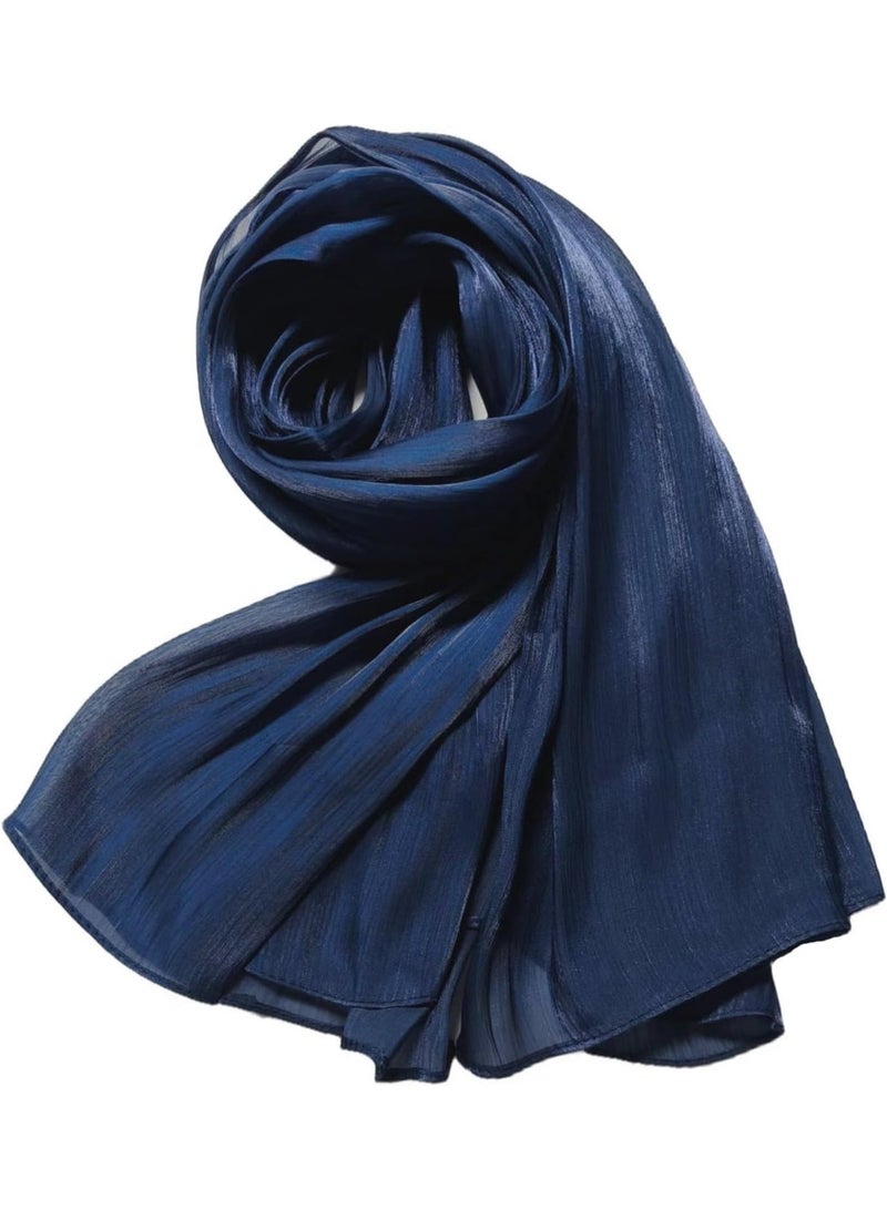 Navy Blue Shiny Gloss Chiffon Hijab Scarf 180*70cm, Women Elegant Lightweight Wedding Shawl Wrap Cape - Image 2