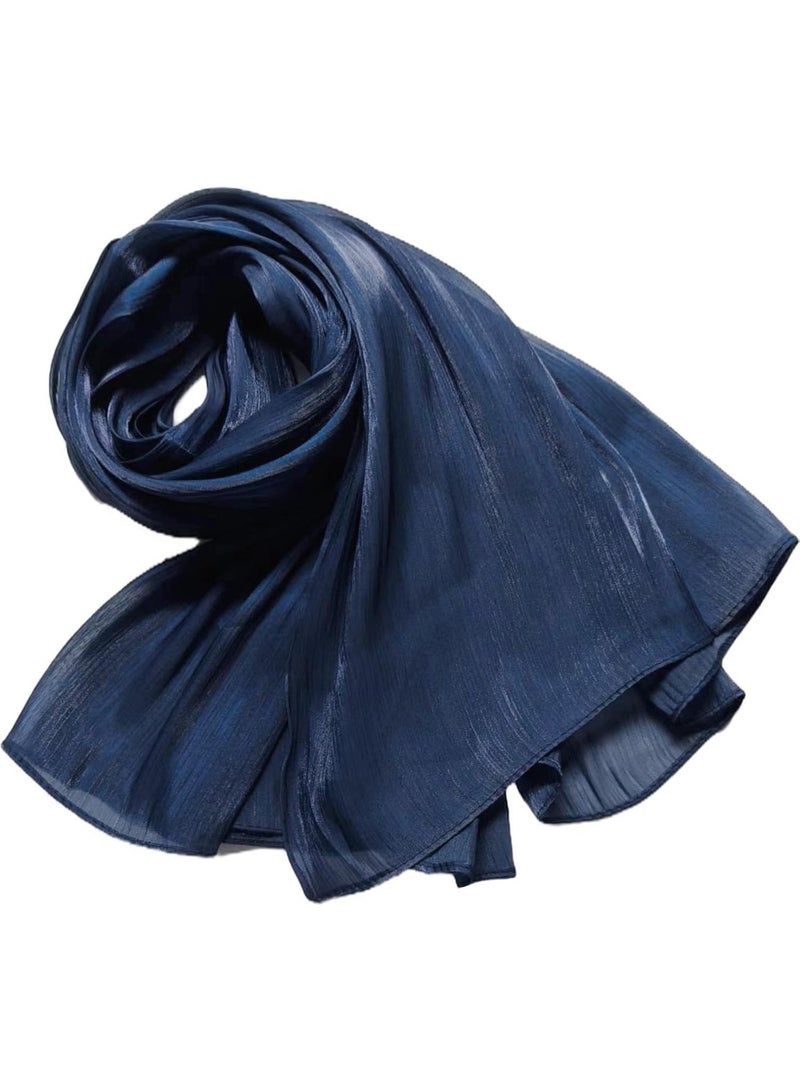 Navy Blue Shiny Gloss Chiffon Hijab Scarf 180*70cm, Women Elegant Lightweight Wedding Shawl Wrap Cape - Image 3