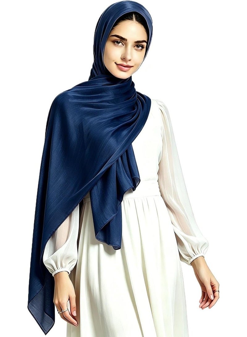Navy Blue Shiny Gloss Chiffon Hijab Scarf 180*70cm, Women Elegant Lightweight Wedding Shawl Wrap Cape - Image 1