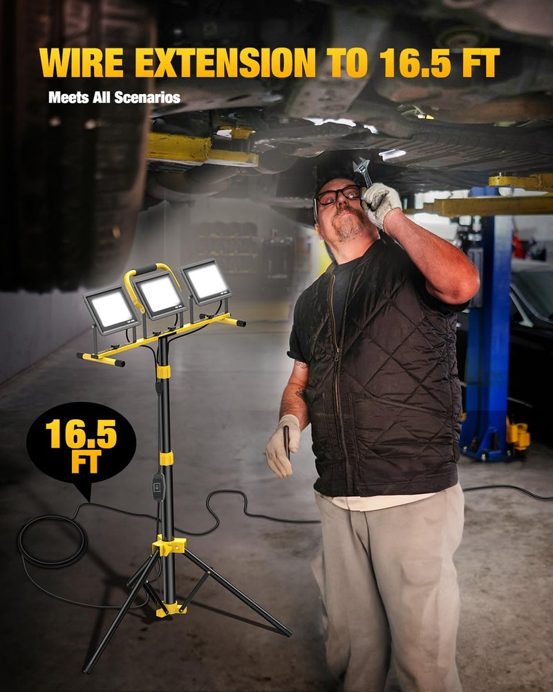 SOARFLY Upgraded LED Work Lights with Stand, 21000 Lumen, 3-Head Adjustable Work Light, Waterproof Foldable Tripod, Extended Cord for Outdoor & Indoor Job Sites, Workshops, Construction, Garage Lighting - Image 3