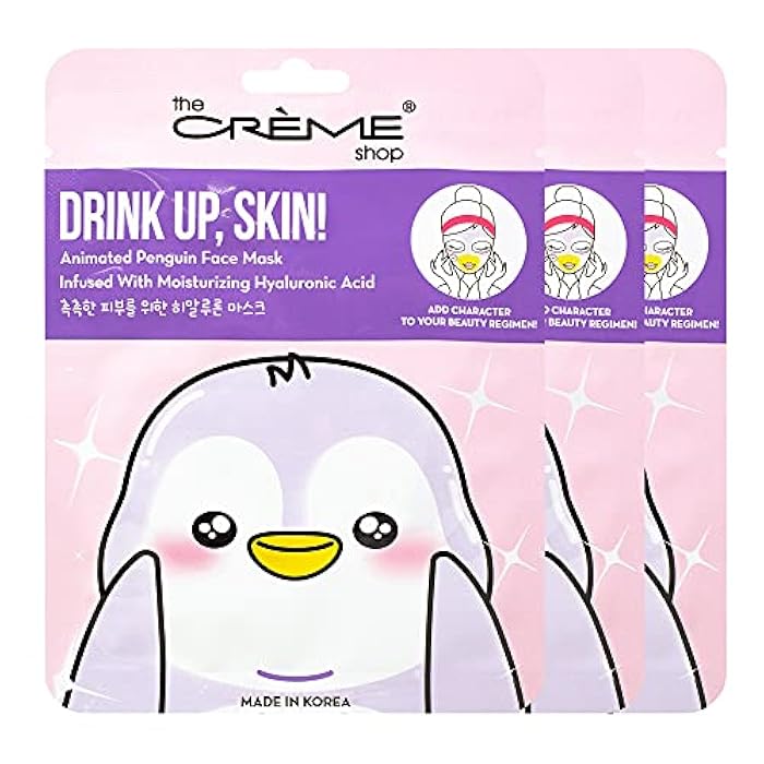 The Crème Shop Korean Skincare Beauty Full Facial Advanced Sheet Daily Natural Essence easy-to-use Soothing - Drink Up, Skin! Penguin Face Mask 3 Piece Value Set - Image 1