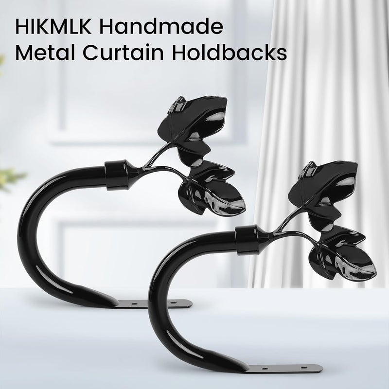 HIKMLK حاملات ستائر على شكل أوراق باللون الأسود البيانو - حاملات جانبية من الألومنيوم بطلاء البيانو، حاملات نباتية للحائط للستائر الكلاسيكية وديكور المنزل - Image 2