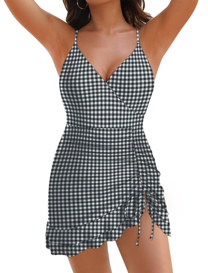 ZAFUL Womens One Piece Swimsuit Modest Tummy Control Bathing Suit Ruffle Swim Dress V Neck Drastring Swim Suits 2026 Black White Plaid L - Image 1