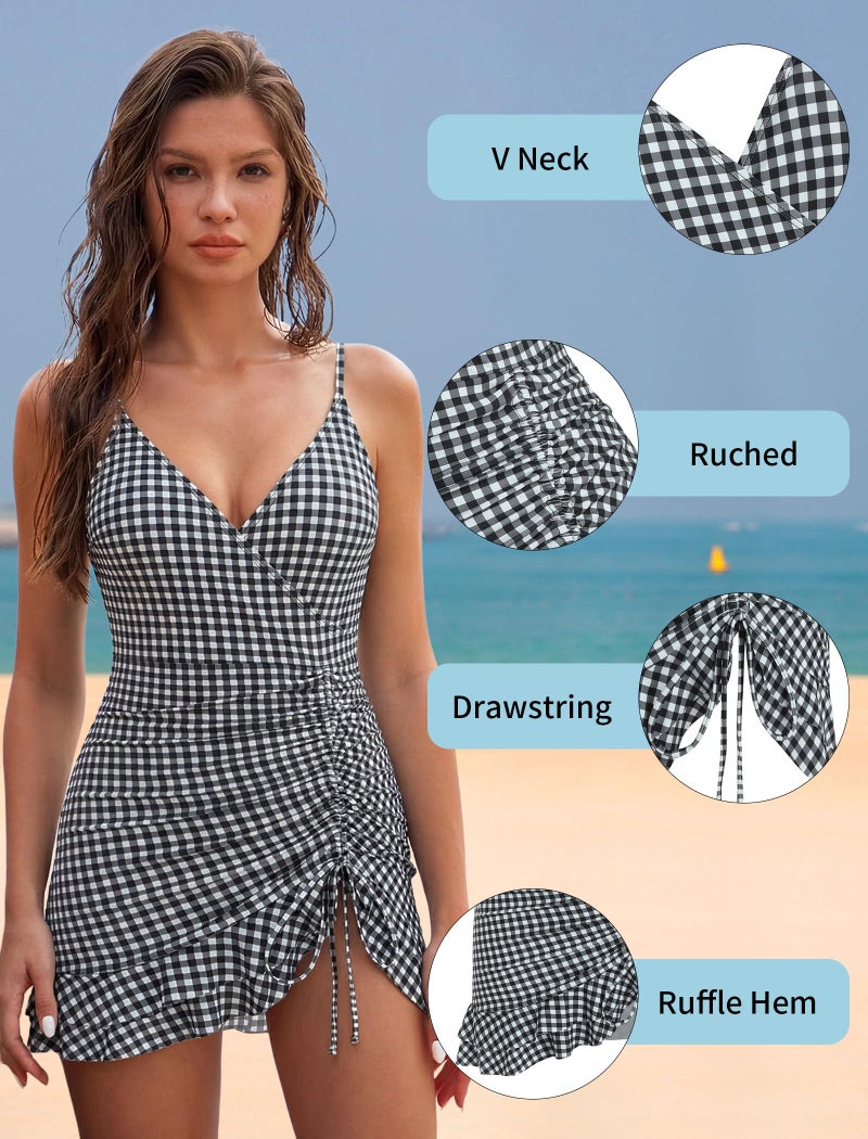 ZAFUL Womens One Piece Swimsuit Modest Tummy Control Bathing Suit Ruffle Swim Dress V Neck Drastring Swim Suits 2026 Black White Plaid L - Image 4