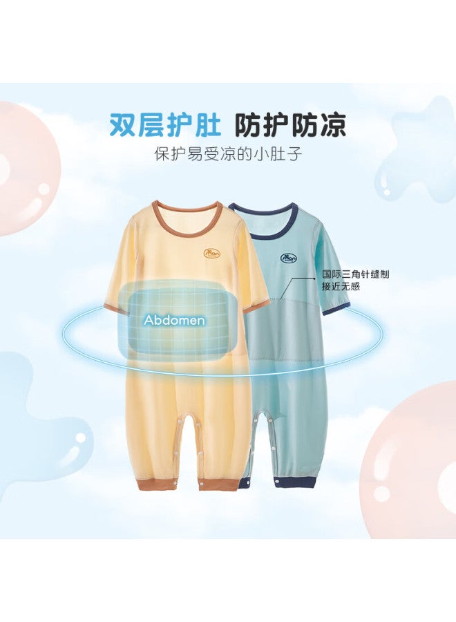 SHANBAOMAY Shangbaimei Summer Children's One-piece Pajamas, Lenzing Modal Thin Seven-quarter Sleeve Sleepwear For Boys And Girls, Cream Apricot Color, Size 110 - Image 2