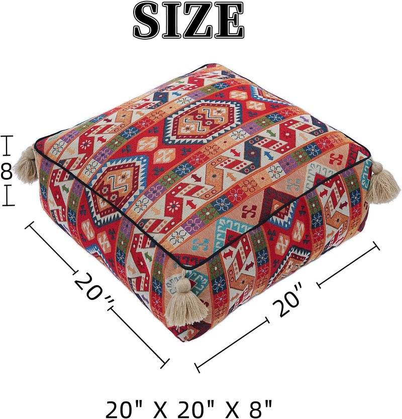 Artbloss Boho Unstuffed Pouf Cover Ottoman Footrest Indian Mexcian Foot Stool Floor Bean Bag Floor Chair Storage for Living Room Bedroom Decor (Boho Red, Square) - Image 2