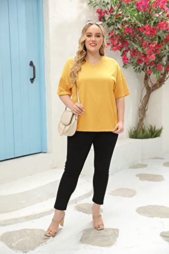 Fisoew Women's Plus Size V Neck T Shirts Summer Half Sleeve Oversized Tees Casual Loose Fit Tunic Tops Yellow - Image 4