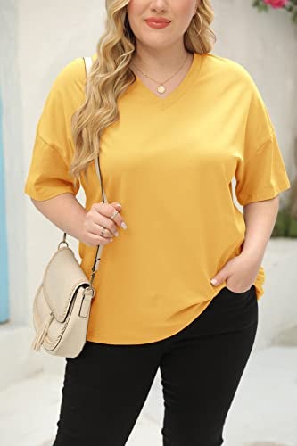 Fisoew Women's Plus Size V Neck T Shirts Summer Half Sleeve Oversized Tees Casual Loose Fit Tunic Tops Yellow - Image 3