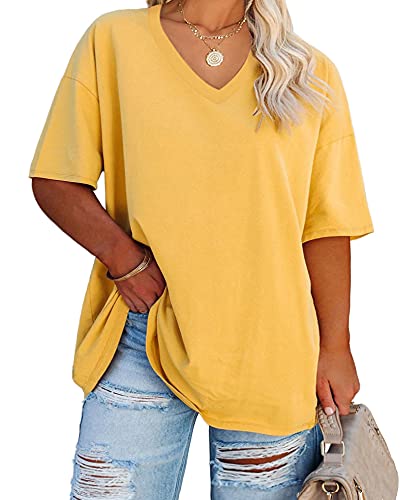 Fisoew Women's Plus Size V Neck T Shirts Summer Half Sleeve Oversized Tees Casual Loose Fit Tunic Tops Yellow - Image 5