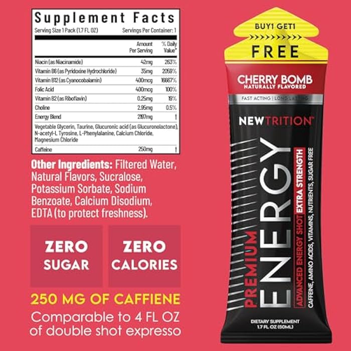 NewTrition® Extra Strength Energy Shots 1.7 fl oz (Pack of 6, Cherry Bomb flavor) - 250mg Caffeine with Vitamin B & Amino Acids, Sugar-Free, Zero Calorie Vitamin Energy Drink for Focus & Endurance - Image 2