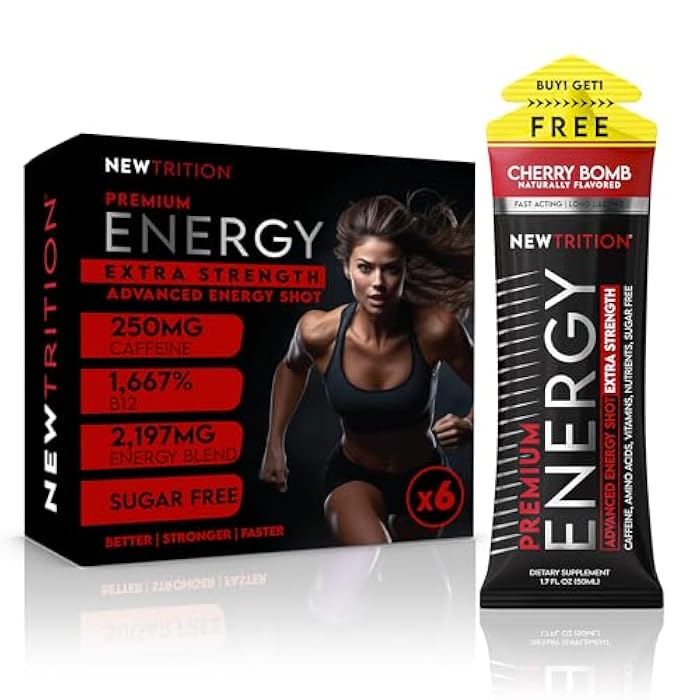 NewTrition® Extra Strength Energy Shots 1.7 fl oz (Pack of 6, Cherry Bomb flavor) - 250mg Caffeine with Vitamin B & Amino Acids, Sugar-Free, Zero Calorie Vitamin Energy Drink for Focus & Endurance - Image 1