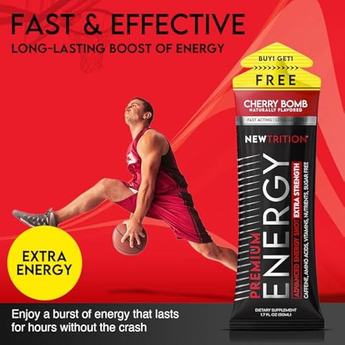 NewTrition® Extra Strength Energy Shots 1.7 fl oz (Pack of 6, Cherry Bomb flavor) - 250mg Caffeine with Vitamin B & Amino Acids, Sugar-Free, Zero Calorie Vitamin Energy Drink for Focus & Endurance - Image 4