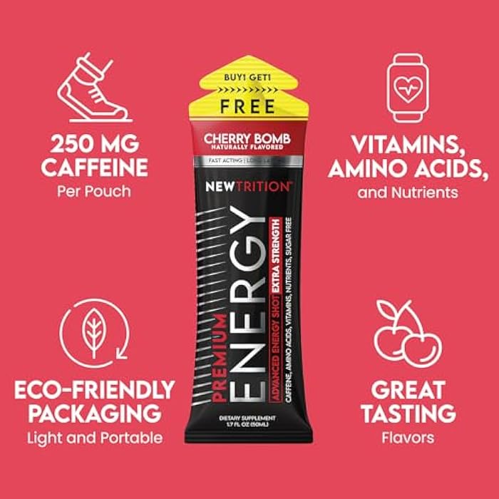 NewTrition® Extra Strength Energy Shots 1.7 fl oz (Pack of 6, Cherry Bomb flavor) - 250mg Caffeine with Vitamin B & Amino Acids, Sugar-Free, Zero Calorie Vitamin Energy Drink for Focus & Endurance - Image 3