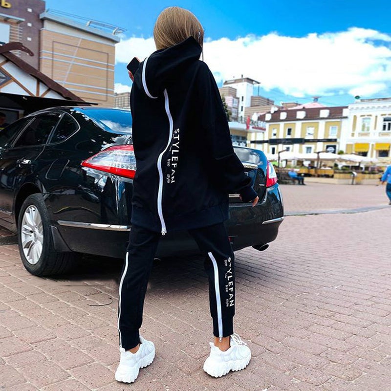 2023 Euro-American Fashion Zip Hoodie  Pants Set Black
