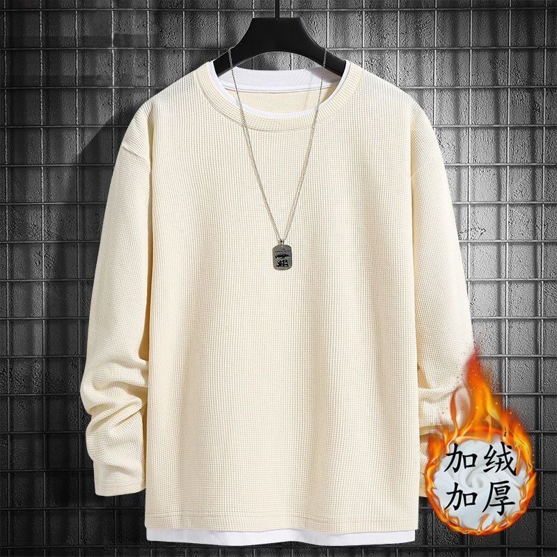 Waffle Long-Sleeved T-Shirt Men'S New Round Neck Base Fleece-Lined Inner Winter Solid Color Fake Two-Piece Top - Image 1