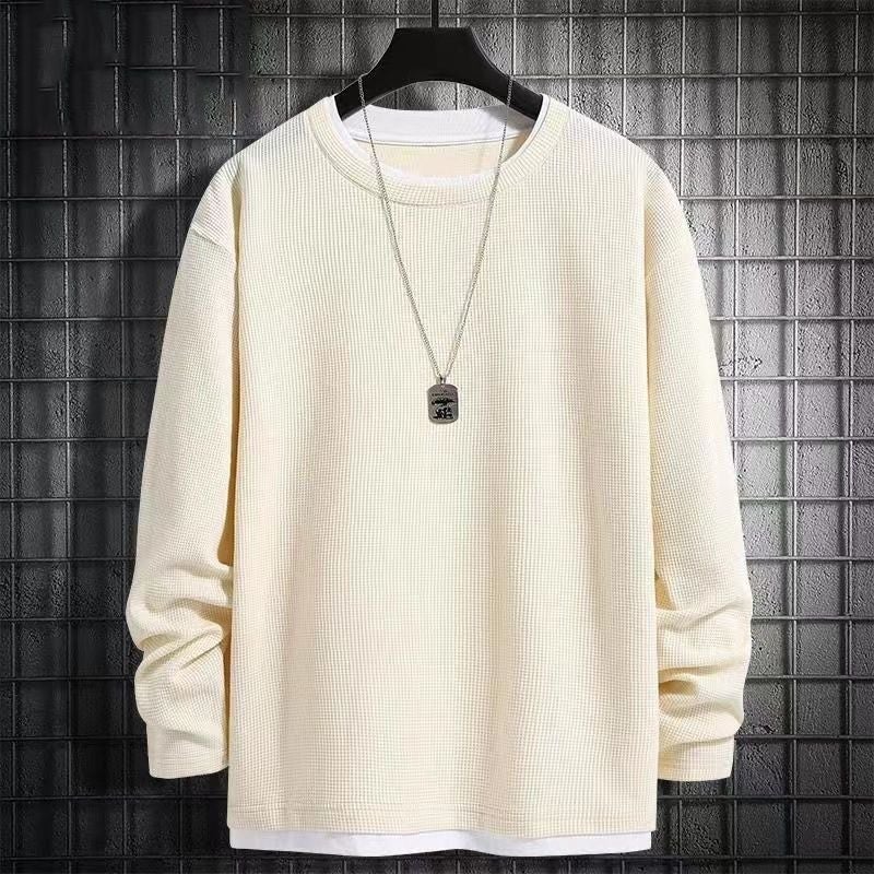 Waffle Long-Sleeved T-Shirt Men'S New Round Neck Base Fleece-Lined Inner Winter Solid Color Fake Two-Piece Top - Image 3