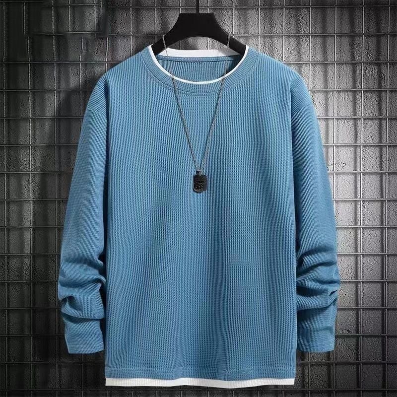 Waffle Long-Sleeved T-Shirt Men'S New Round Neck Base Fleece-Lined Inner Winter Solid Color Fake Two-Piece Top - Image 4