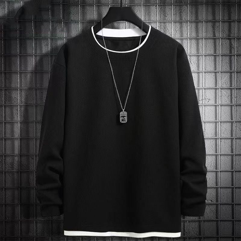 Waffle Long-Sleeved T-Shirt Men'S New Round Neck Base Fleece-Lined Inner Winter Solid Color Fake Two-Piece Top - Image 2