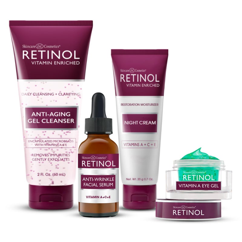 RETINOL مجموعة بدء استخدام الريتينول لمكافحة الشيخوخة - الريتينول الأصلي لمظهر أكثر شبابًا - 4 منتجات بحجم مناسب مثالية للسفر أو التجربة الأولى - تنظيف، علاج، إصلاح، ترطيب أثناء التنقل