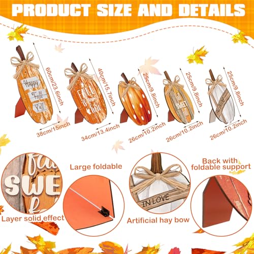 GlikCeil 5 Pcs Fall Decorations for Home Fall Large Outdoor Wood Pumpkin Porch Sign Thanksgiving Yard Decor Welcome Pumpkin Standing Sign for Home Front Door Kitchen Yard Garden - Image 3
