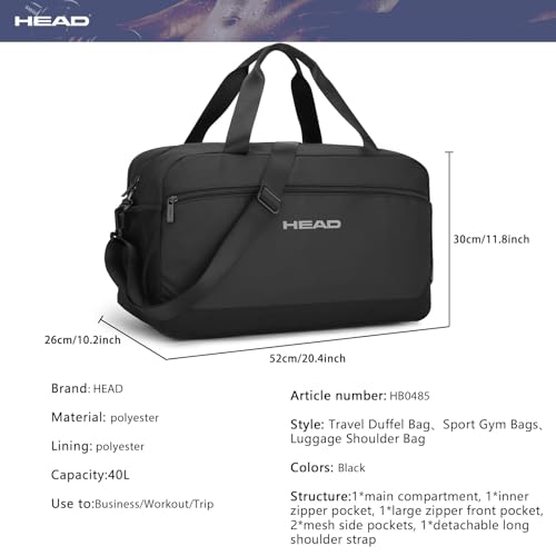 HEAD 40L Waterproof Travel Duffel Bag for Men, Large Sport Gym Bags for Fitness/Weekender Overnight, Lightweight Luggage Shoulder Bag for Business/Workout/Trip, Black - Image 5