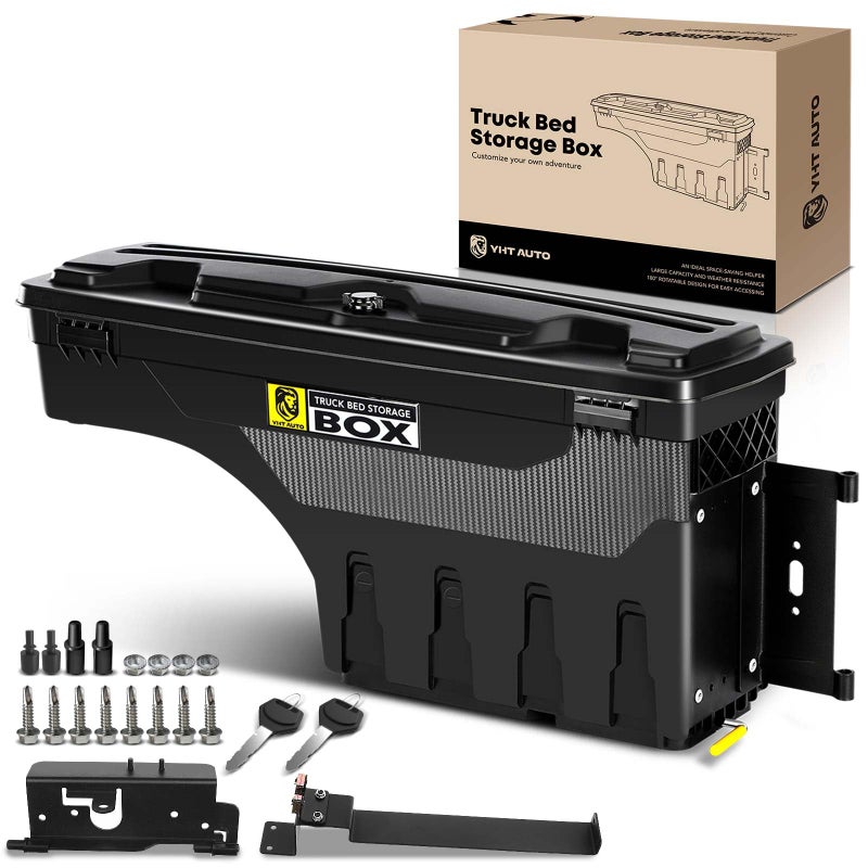 YHTAUTO Truck Bed Storage Tool Box Lockable Compatible with 2019 2020 2021 2022 2023 Ram 1500 Pickup Passenger Side Will Not Work with RamBox Classic Model Swing Waterproof Wheel Well Toolbox