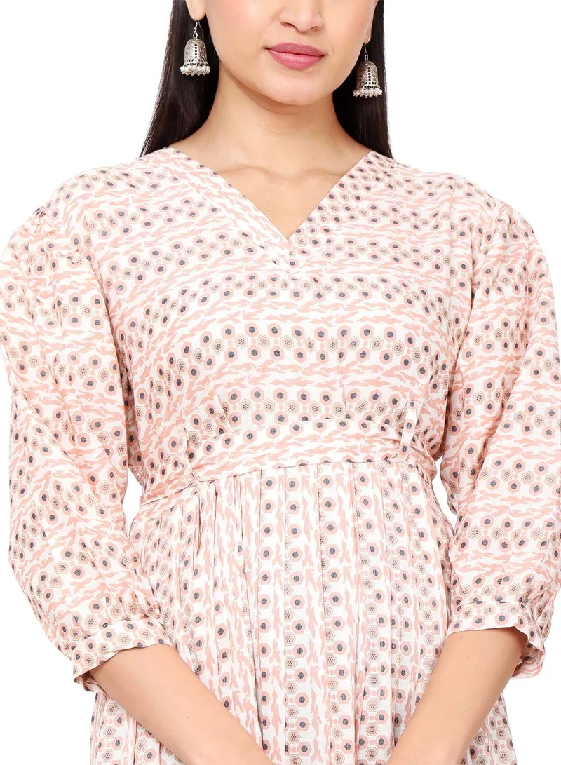 HANA & SARA SOFT VISCOSE PEACH COLOUR SMALL PRINTED WITH SEPRATE BELT TIEING SHORT ARABIC KAFTAN JALABIYA DRESS