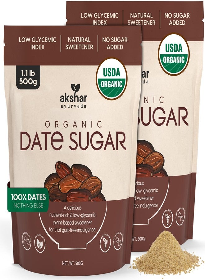 AKSHAR Ayurveda Organic Date Sugar(1.1lb x 2 Pack), Raw – Organic Sugar Alternative for Baking and Desserts – High Fiber Low Glycemic Sweetener – Natural Vegan Replacement Made from 100% USDA Raw Dates