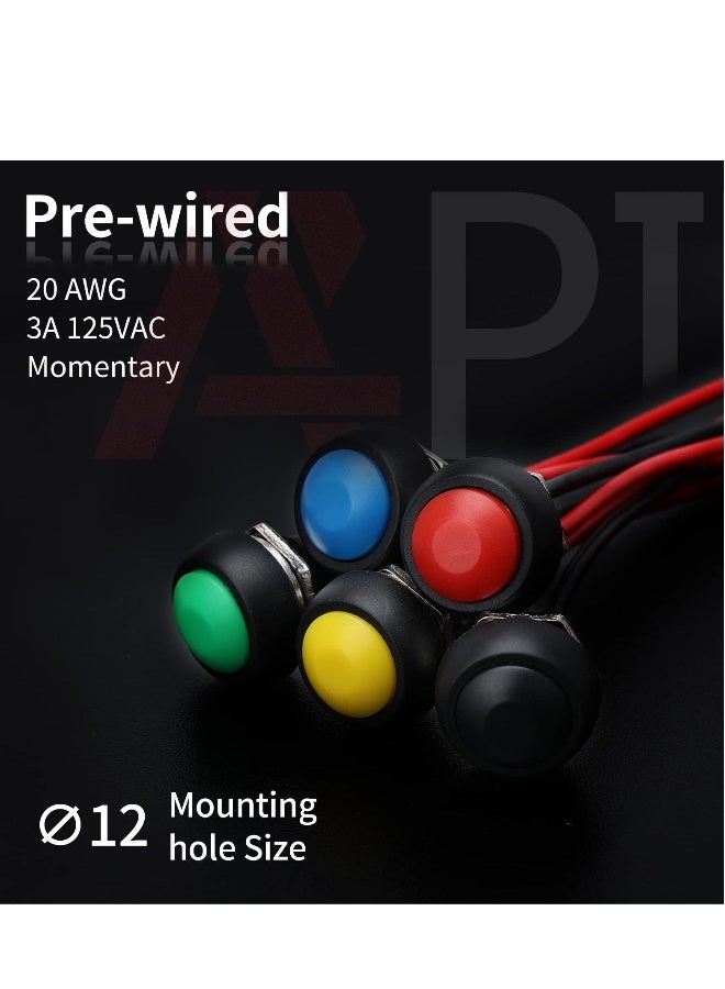 Latching Push Button Switch, 6 Pcs Momentary Push Button Switch Mini Round Switch, 12mm, 220V 3A, with Pre-soldered Wire (Red)