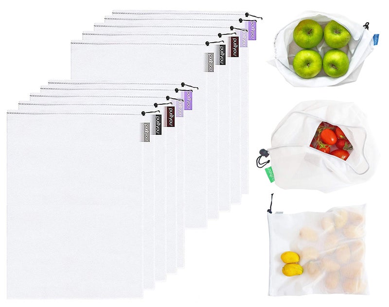 purifyou Set of 10 Reusable Mesh Produce Bags, Heavy Duty, Washable, Farmers Market Bag for Fruits, Vegetables, Groceries, Kitchen Storage, Home Organizer (12x20in) - Image 1