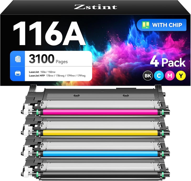 Zstint 116A Toner Cartridge Set 4-Pack Replacement for HP 116A W2060A W2061A W2062A W2063A Compatible with HP Color Laser 150a 150nw MFP 178nw 178nwg 179fnw 179fwg Series Printer Black Cyan Magenta Yellow - Image 1