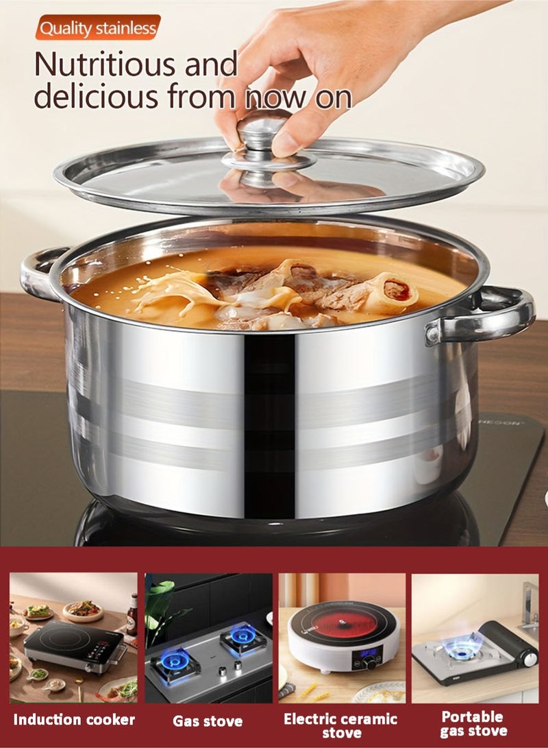 EzzySo طقم أواني طهي مكون من 5 قطع من الفولاذ المقاوم للصدأ، أطقم أدوات مائدة فضية، مجموعة قدر حساء بسماكة مزدوجة مع غطاء من الفولاذ، مثالية للمطبخ المنزلي أو المخيم 18/20/22/24/26 سم - Image 3