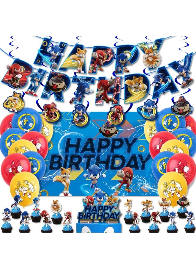 Zeemey - Sonic The Hedgehog Balloon Set with  Happy Birthday Banner,Cake Topper,Hanging Spins,Backdrop,Perfect for Graduation Baby Shower Birthday Bachelorette Party Backdrop Decoration - Image 1