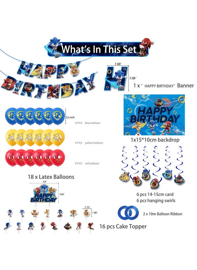 Zeemey - Sonic The Hedgehog Balloon Set with  Happy Birthday Banner,Cake Topper,Hanging Spins,Backdrop,Perfect for Graduation Baby Shower Birthday Bachelorette Party Backdrop Decoration - Image 1