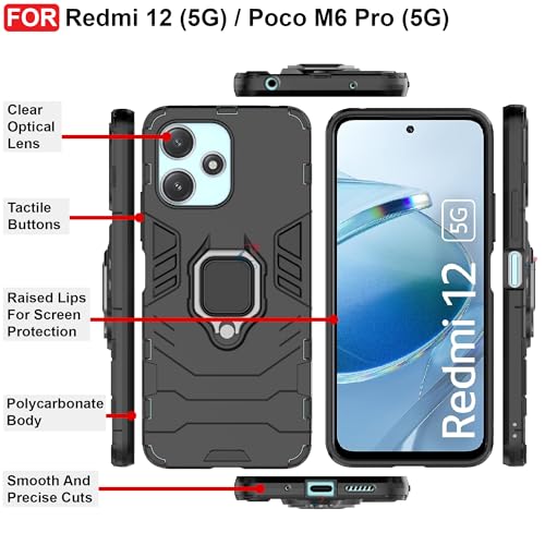 CEDO Kickstand Cover for Redmi 12 (5G) / Poco M6 Pro (5G) Rugged Case | Built-in Stand Rotating Ring Holder | Military Grade Armor Bumper Back Cover (Black) - Image 3