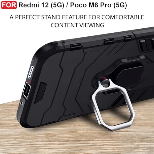 CEDO Kickstand Cover for Redmi 12 (5G) / Poco M6 Pro (5G) Rugged Case | Built-in Stand Rotating Ring Holder | Military Grade Armor Bumper Back Cover (Black) - Image 5