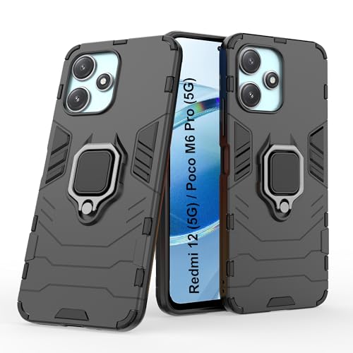 CEDO Kickstand Cover for Redmi 12 (5G) / Poco M6 Pro (5G) Rugged Case | Built-in Stand Rotating Ring Holder | Military Grade Armor Bumper Back Cover (Black) - Image 1