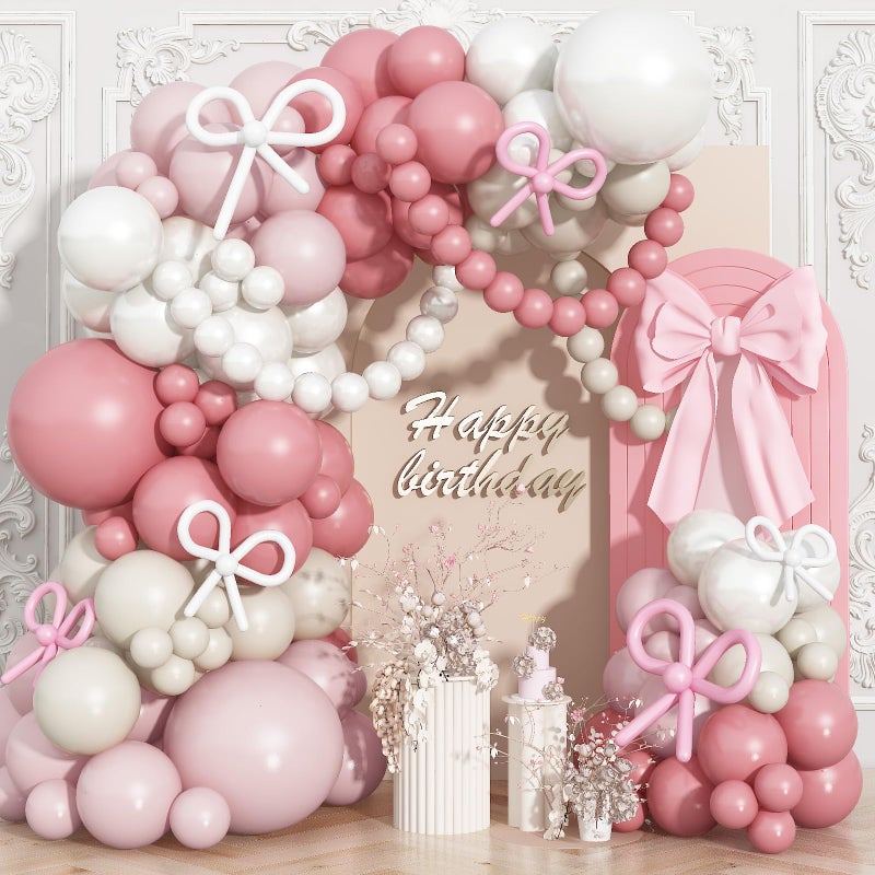 Isndare Pink and White Balloons Arch Dusty Pink Bow Balloons Garland Blush Beige Cream Latex Balloon White Long Balloon as BowCoquette Decor for Neutral Boho Birthday Party Baby Shower Bridal Wedding - Image 3