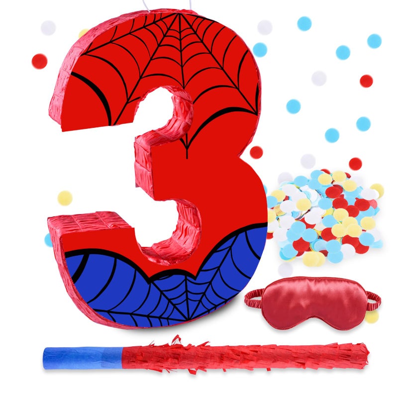 RUISUER 16 Inch Number 3 Spider Web Pinata with 16 Inch Piata Stick Blindfold Confetti for Boy Girl Kids 3rd Birthday Party Decorations 3rd - Image 2