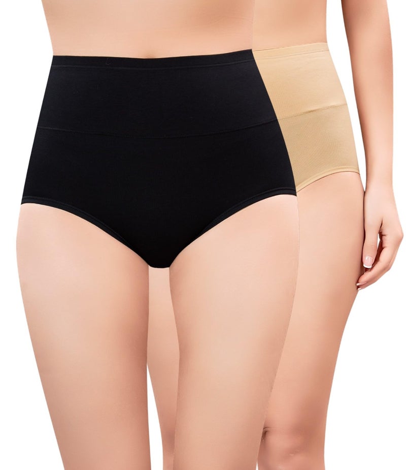 PLUMBURY Women High Waist Cotton Underwear Full Brief Panty, Size M to XXL (Pack of 2 Panty) Black/Beige - Image 1