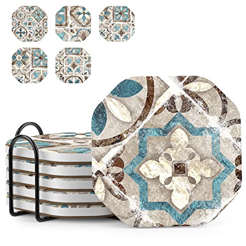 UMIRRO Drinks Coasters for Coffee Table Decor, Rustic Retro Boho Farmhouse Coasters, Absorbent Cup Mats for Wooden Table, Mandala Style, Unique Vintage Tile Design, Brown, 4", Set of 6 - Image 1