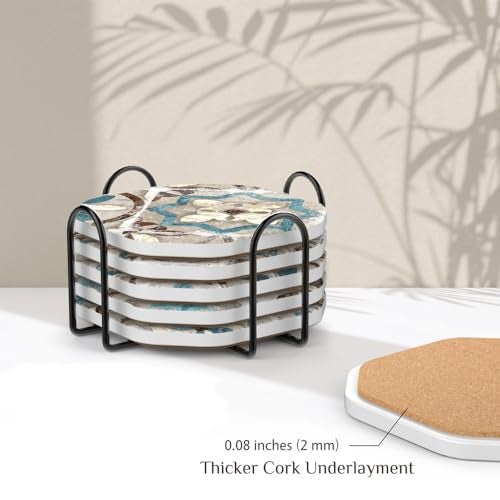 UMIRRO Drinks Coasters for Coffee Table Decor, Rustic Retro Boho Farmhouse Coasters, Absorbent Cup Mats for Wooden Table, Mandala Style, Unique Vintage Tile Design, Brown, 4", Set of 6 - Image 5