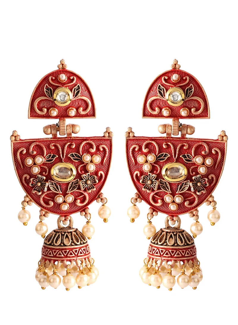 ISHIN Gold-Toned & Red Classic Jhumkas Earrings