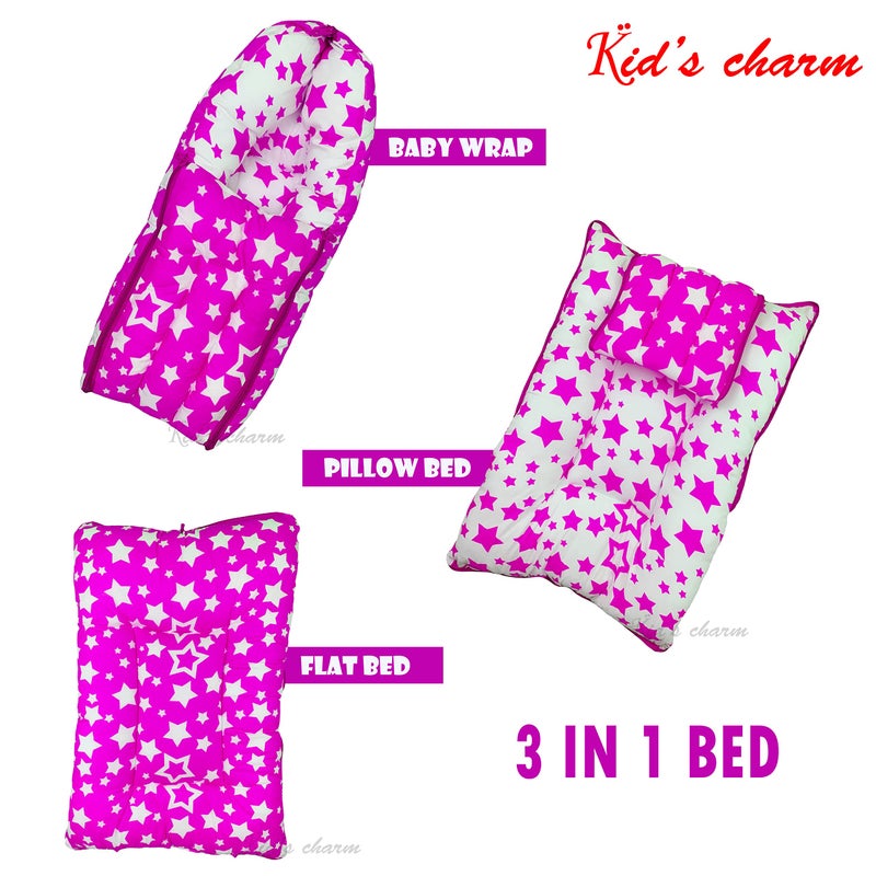 Kid's Charm Kid's Charm Star-Multi 3 PCS Combo Set |3 in 1 Baby's Cotton Bed Cum Carry Bed|5 in 1 Baby's Cotton Breast Feeding Pillow with Safety Belt|2 in 1 Baby's Cotton with Mosquito Net for 0-4 Months (Pink) - Image 2