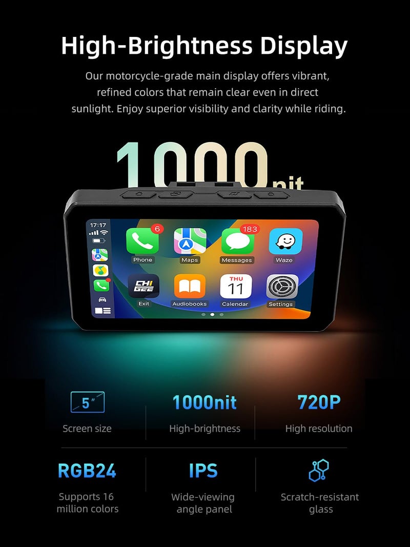 CHIGEE AIO-5 Play for BMW Motorcycles, 3-Pin Interface, Plug-and-Play Smart Display with CarPlay & Android Auto, 60FPS Mode, IP68 Waterproof, Built-in GPS, Anti-Theft Alarm, Data Reading - Image 2