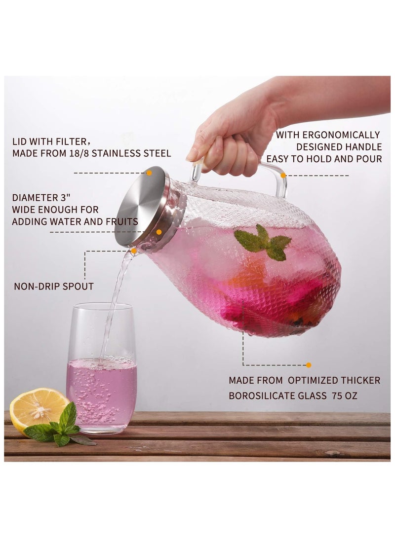 هيواري إبريق زجاجي سعة 75 أونصة من Hiware مع غطاء من الفولاذ المقاوم للصدأ 18/8 (غير قابل للصدأ) - نمط سكواما فريد من نوعه - إبريق ماء عالي المقاومة للحرارة للمياه الساخنة/الباردة - Image 3