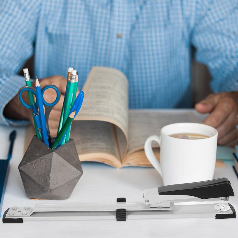 Long Arm Desktop Stapler Silver Large Capacity Labor Saving for Office School - Image 4