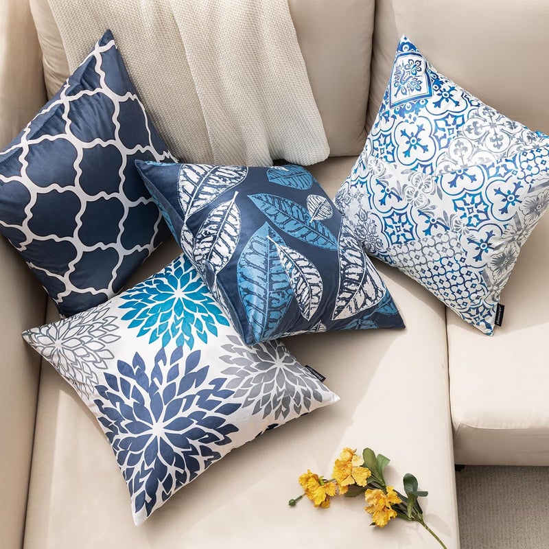 Phantoscope Set of 4 New Living Series Velvet Pillow Leaf Geometric Throw Decorative Velvet Pillow Cover Cushion Cover, Dark Blue 20 x 20 inches 50 x 50 cm - Image 4