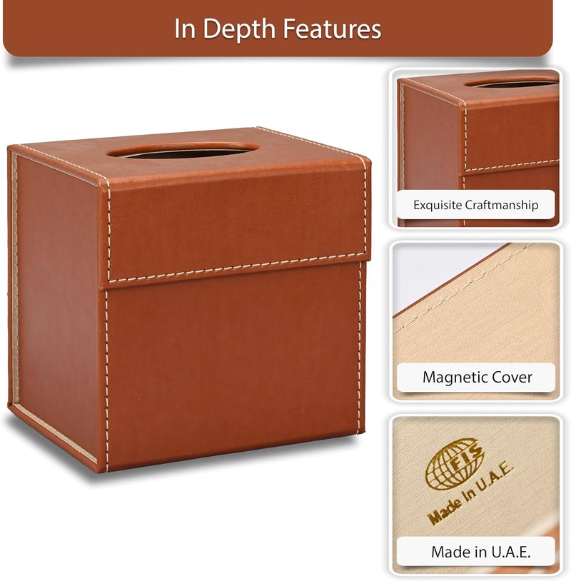 FIS Tissue Box Holder - Italian PU Material, Brown, 140x125x140mm - Image 3