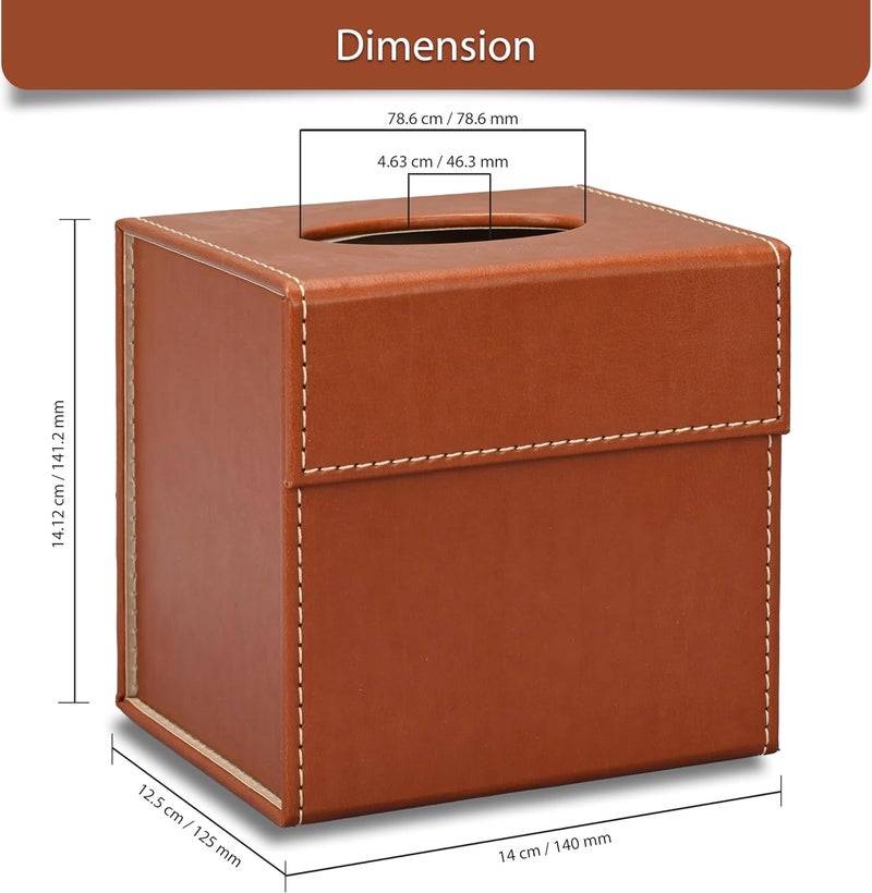 FIS Tissue Box Holder - Italian PU Material, Brown, 140x125x140mm - Image 4